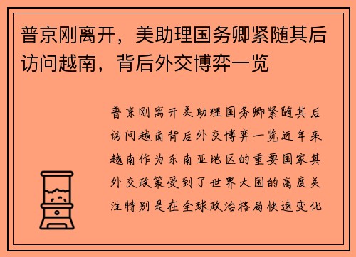 普京刚离开，美助理国务卿紧随其后访问越南，背后外交博弈一览