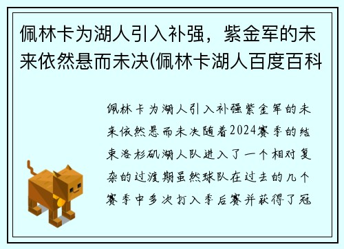 佩林卡为湖人引入补强，紫金军的未来依然悬而未决(佩林卡湖人百度百科)