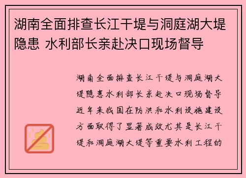 湖南全面排查长江干堤与洞庭湖大堤隐患 水利部长亲赴决口现场督导