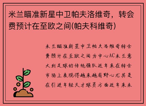米兰瞄准新星中卫帕夫洛维奇，转会费预计在至欧之间(帕夫科维奇)