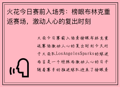 火花今日赛前入场秀：榜眼布林克重返赛场，激动人心的复出时刻