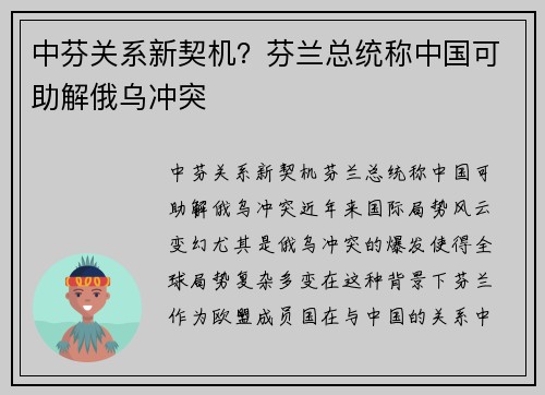 中芬关系新契机？芬兰总统称中国可助解俄乌冲突