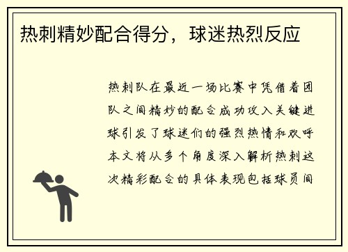 热刺精妙配合得分，球迷热烈反应