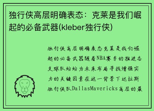 独行侠高层明确表态：克莱是我们崛起的必备武器(kleber独行侠)
